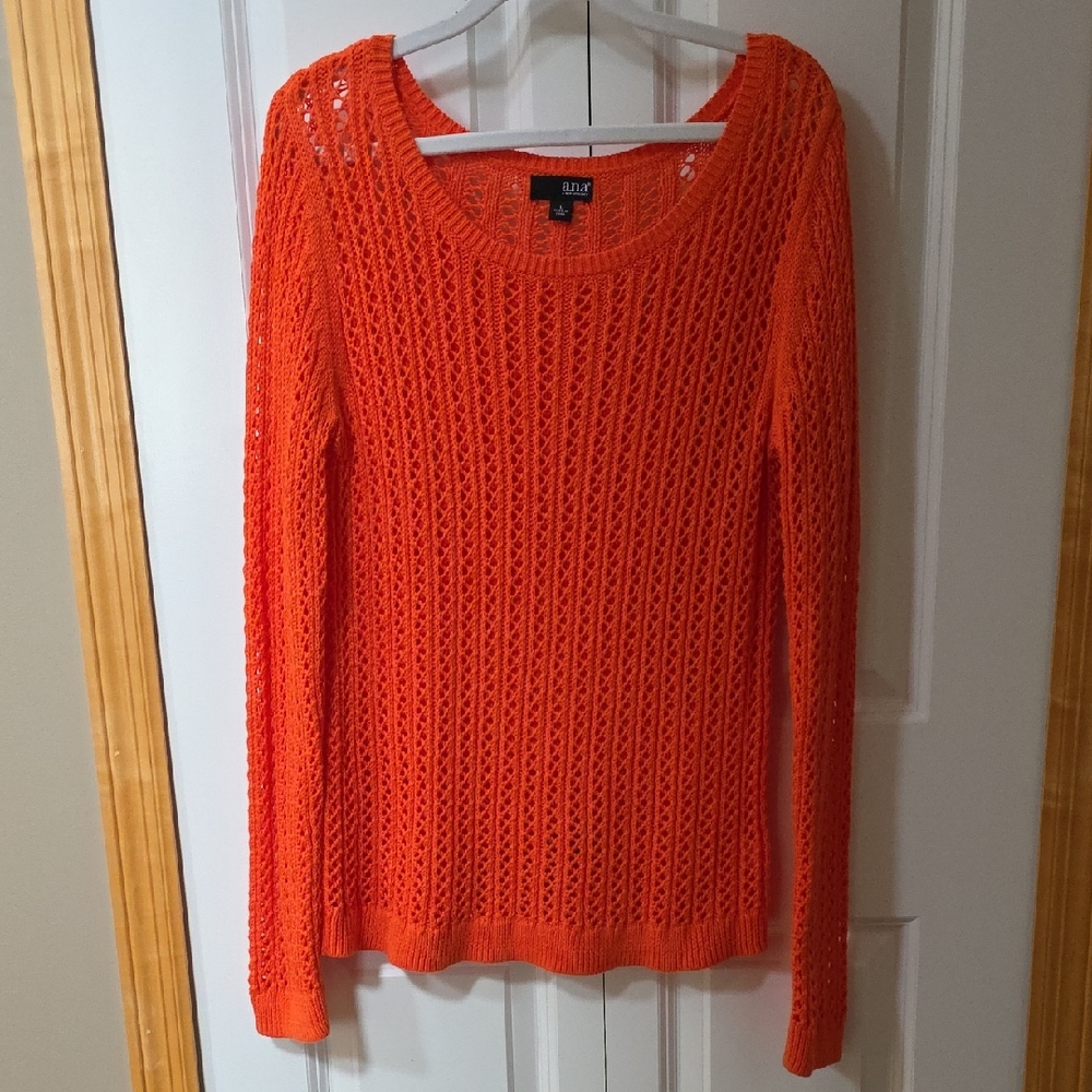 a.n.a Bright Orange Long-Sleeve Pointelle Open-Stitch Sweater Womens Size L🧡